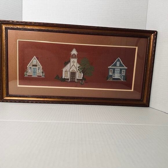 Vintage Framed Matted Cross Stitched Embroidered Folk Art Cabin/Church/LakeCabin - Picture 15 of 16